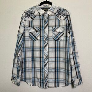 Helix XL Men Plaid Long Sleeve Button Down Shirt Western Embroidery Athletic Fit